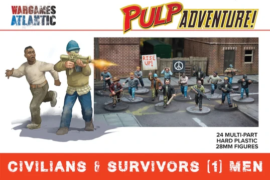 A group of 24 multi-part plastic miniatures representing modern civilians and post-apocalyptic survivors, set against an urban backdrop. The figures include a variety of poses, with some holding weapons and others carrying signs, such as one that reads "RISE UP!" The scene features a mix of clothing styles, showcasing a diverse range of characters suitable for tabletop gaming.