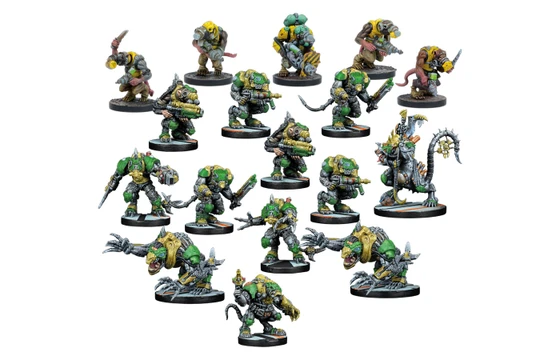 A diverse group of Verr-Myn miniatures is displayed, showcasing various characters from the faction. Prominent figures include heavily armored Stalkers and Runners wielding weapons, alongside smaller Thralls and a formidable Crone Mother with bio-augmented features. The miniatures feature a mix of green and gray colors, with intricate details highlighting their cybernetic enhancements and weaponry, all set against a plain white background.