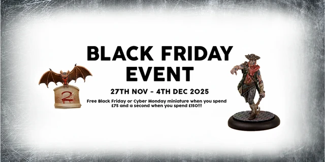 A promotional graphic for TTCombat's Black Friday event features bold text stating "BLACK FRIDAY EVENT" at the top, with dates from "27TH NOV - 4TH DEC 2025" below. On the left, there is an illustration of a small cart with a red and white striped umbrella, while on the right, a miniature figure stands, showcasing a character in a dynamic pose. The text highlights a free miniature offer for purchases over £75 and a second free miniature for orders over £150.