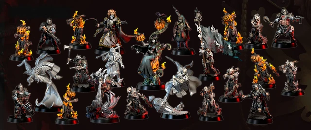 A collection of ten intricately designed miniatures from the Weird War I series is displayed against a dark background. The figures include a mix of undead and fantastical characters, such as a pumpkin-headed figure, a skeletal warrior, and a witch, all featuring dynamic poses and detailed sculpting. Each miniature showcases unique elements like flowing robes, weapons, and flame effects, emphasizing their dark fantasy theme, with the text "OCTOBER 2025" prominently featured at the top.
