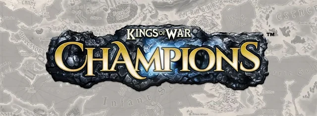The logo for "Kings of War: Champions" features bold, stylized text with "KINGS OF WAR" in gold above "CHAMPIONS," which is highlighted in a bright blue against a textured black stone background. The design conveys a sense of fantasy and adventure, suitable for a tabletop gaming theme. The backdrop includes a faint map-like texture, suggesting a rich game world.