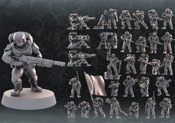 A collection of unpainted sci-fi miniatures is displayed, featuring a prominent central figure holding a rifle, surrounded by various infantry units in different poses. The miniatures are in a gray, unpainted finish, showcasing detailed armor and weaponry. Additional elements include heavy weapon crews, a flag, and various command and special weapon units, all arranged in a grid format against a dark background.