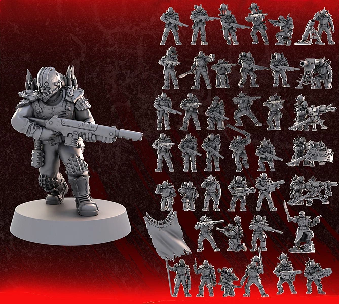 A prominent sci-fi miniature stands in the foreground, holding a large weapon and wearing detailed armor with spikes and a mask. Surrounding this central figure are numerous smaller miniatures, showcasing a variety of poses and weaponry, all rendered in a gray, unpainted finish. The background features a dark, textured design with a striking red gradient, enhancing the grimdark aesthetic of the collection.