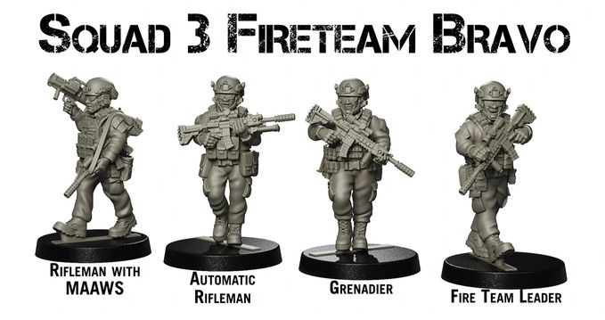 Four detailed miniature figures representing Squad 3 Fireteam Bravo are displayed. From left to right, the figures include a Rifleman equipped with a MAAWS, an Automatic Rifleman, a Grenadier, and a Fire Team Leader, all wearing modern tactical gear. Each figure is intricately designed, showcasing various weapons and equipment, emphasizing their roles within the squad.