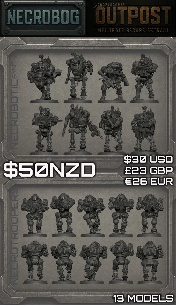 A collection of sci-fi miniatures is displayed, featuring two distinct groups: the CLUTCH units and the Necrotroopers. The top row showcases six detailed CLUTCH infantry models, equipped with various weapons and armor, while the bottom row presents eight Necrotrooper figures, characterized by their bulky, armored designs. The background is a textured gray, and pricing information is prominently displayed in bold text at the bottom.