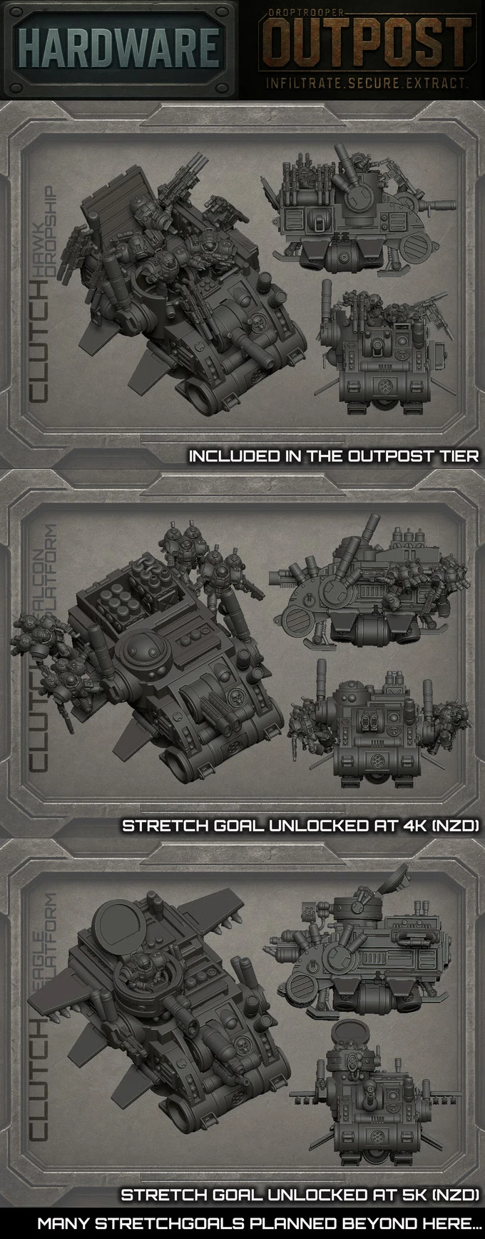Two detailed 3D models of sci-fi vehicles from the CLUTCH faction are displayed against a textured gray background. The top model features a compact design with various mechanical components and a prominent turret, while the bottom model has a more rounded shape with multiple attachments and a cockpit-like structure. Text at the bottom indicates that stretch goals have been unlocked at 4K and 5K NZD, with additional stretch goals planned.