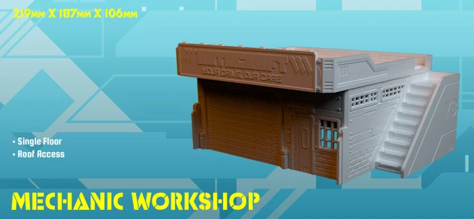 A single-floor mechanic workshop building designed for 3D printing, featuring a large garage door and stairs leading to the roof area. The structure has a modern, cyberpunk aesthetic with detailed textures and windows. The dimensions are 219mm x 187mm x 106mm, and the design allows for easy printing without supports.