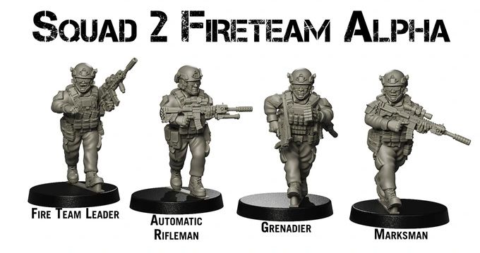 Four detailed miniature figures are displayed, representing members of Squad 2 Fireteam Alpha. From left to right, they include a Fire Team Leader holding a rifle, an Automatic Rifleman with a larger weapon, a Grenadier equipped with a grenade launcher, and a Marksman aiming with a scoped rifle. Each figure is posed dynamically and features modern military gear, showcasing the extensive research behind their design.