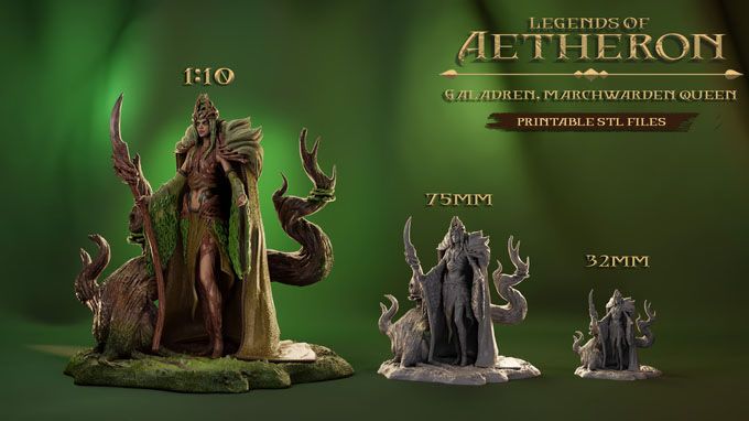 A detailed display features three miniature models of Galadren, the Marchwarden Queen, from the Legends of Aetheron series. The largest model, at 1:10 scale, showcases Galadren with elaborate attire and a commanding pose, flanked by stylized tree-like elements. Two smaller models are presented in 75mm and 32mm scales, highlighting the intricate designs and features of the character. The background is a gradient of green, enhancing the fantasy theme.