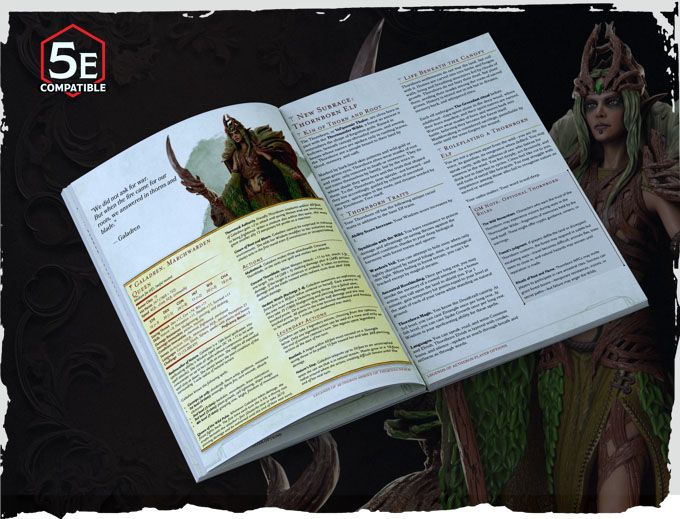 An open book displays detailed content related to the Legends of Aetheron campaign, featuring a character named Galadren, the Marchwarden Queen. The left page includes a character profile with statistics and abilities, while the right page contains lore and gameplay mechanics, all marked as 