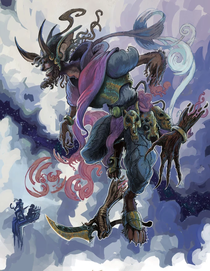 A fantastical character stands prominently against a swirling backdrop of clouds and cosmic elements. This figure, with a mix of humanoid and monstrous features, has elongated limbs, sharp claws, and a menacing expression, adorned with intricate jewelry and a flowing garment. In one hand, they wield a curved blade, while ethereal wisps of color swirl around them, adding to the otherworldly atmosphere of the scene.
