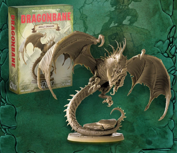 A detailed miniature of an adult dragon is prominently displayed, showcasing its intricate scales, fierce expression, and large, outstretched wings. The dragon is coiled around a rocky base, with its tail elegantly curved. In the background, a box labeled