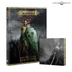 A prominent book titled "Soulblight Gravelords" from the Warhammer Age of Sigmar series is displayed, featuring a striking cover illustration of a skeletal figure adorned with a green shield and red wings. Beside it, a smaller book showcases a dark, atmospheric image of skeletal warriors marching with swords raised. The overall color scheme includes dark tones with hints of green and red, emphasizing the eerie theme of the Soulblight Gravelords.
