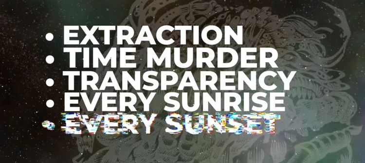 A dark, cosmic-themed background features a series of bullet points in bold white text, listing concepts such as