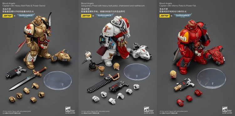 Three detailed action figures of Blood Angels are displayed, featuring a Sanguinary Priest and a Captain. The Sanguinary Priest is equipped with a heavy bolt pistol, chainsword, and various accessories, including a narthecium and a base for display. The Captain, dressed in red armor, holds an Inferno Pistol and is accompanied by additional interchangeable parts, such as hands and heads, showcasing the figures' articulation and customization options.