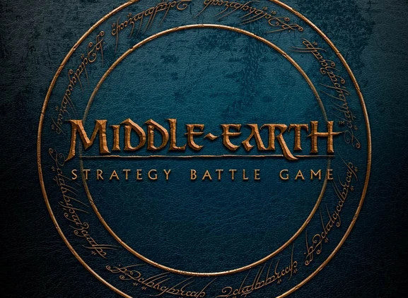 The image features the title "MIDDLE-EARTH STRATEGY BATTLE GAME" prominently displayed in a bold, stylized font, set against a textured dark blue background. Surrounding the title is a circular design that includes intricate, golden script, reminiscent of Tolkien's lore. The overall aesthetic conveys a sense of adventure and fantasy, aligning with the themes of the game.