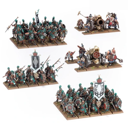 A detailed display of a Grand Cathay army features a variety of miniatures, including 30 Jade Warriors in ornate armor, equipped with hand weapons and shields or halberds, arranged in multiple units. The scene also showcases 10 Jade Lancer cavalry, two Cathayan Grand Cannons, and accompanying artillery crews, all set against a grassy base. Prominent banners and intricate details on the miniatures highlight the rich aesthetic of this new army.
