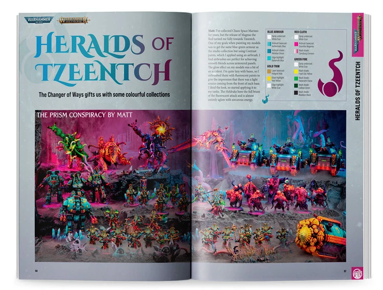 A vibrant spread from White Dwarf Issue 514 showcases a collection of Tzeentch miniatures, featuring a variety of colorful models set against a fantastical backdrop. The left side displays a mix of Tzeentch units, including a large, imposing figure and smaller creatures, all painted in bright hues of pink, blue, and green. On the right, additional miniatures are arranged, highlighting their intricate details and dynamic poses, with a glowing, ornate base in the foreground. The page also includes a color guide for the miniatures, emphasizing the diverse palette used in their painting.