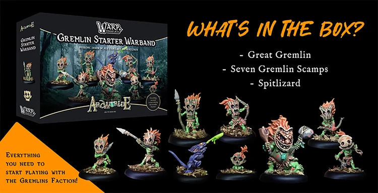 A collection of miniatures features a Great Gremlin and seven Gremlin Scamps, each with distinct designs and vibrant colors, showcasing their mischievous nature. A Spitlizard, a small creature with a long tail and bright colors, is also included in the lineup. In the background, a box displays the text