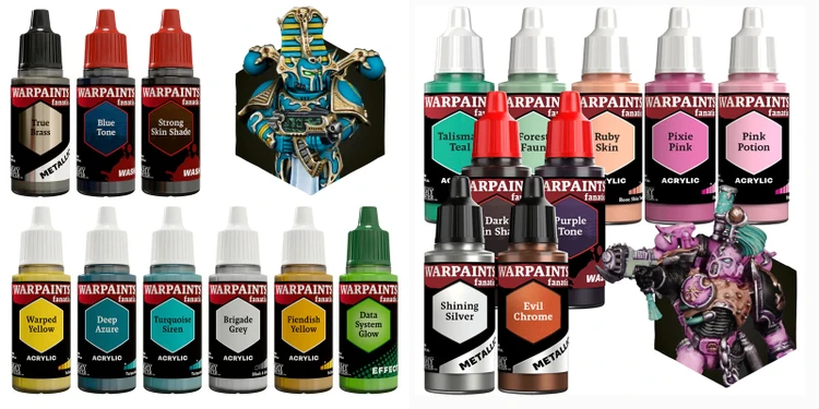 A collection of paint bottles from Army Painter is displayed, featuring various colors and shades specifically curated for Warhammer 40,000’s Chaos forces. The bottles include shades like