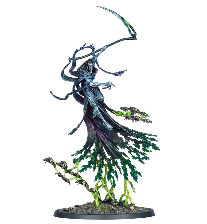A dynamic model of the Necron Shard of the Nightbringer features a tall, ethereal figure draped in a flowing cape that transitions from dark purple to green. The character wields a large scythe and is surrounded by swarms of Scarabs, with a base that includes small skulls and a textured surface. The overall design emphasizes elegance and menace, showcasing the character's iconic elements in a modern style.