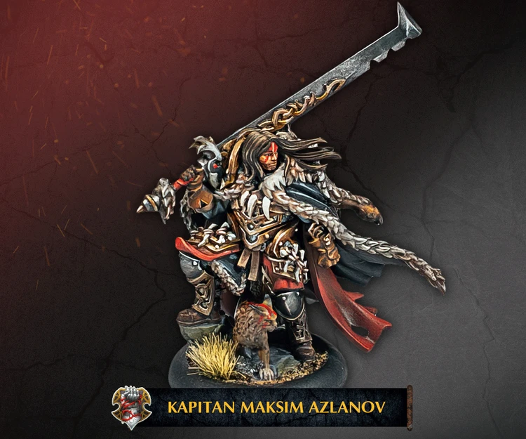 Kapitan Maksim Azlanov stands prominently, wielding a large, intricately designed sword with a decorative hilt. He is clad in dark, rugged armor adorned with various details, including a fur-lined cape and numerous pouches. At his feet, a small, fierce-looking wolf companion adds to his imposing presence, while the background features a dark, textured surface that enhances the character's menacing aura. The name