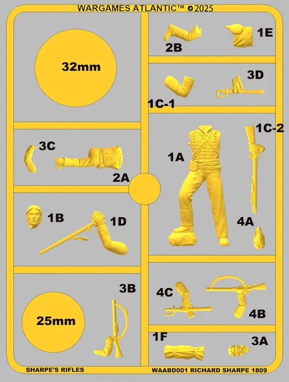 A sprue featuring various components for a Richard Sharpe miniature from Wargames Atlantic's