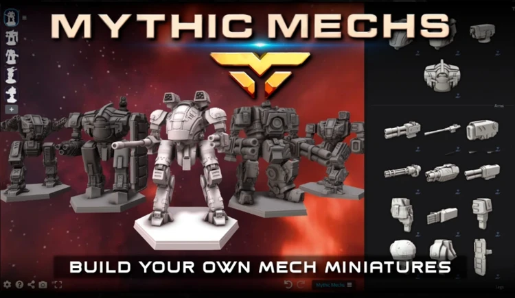 Four detailed mech miniatures are displayed prominently against a vibrant, cosmic background. The mechs vary in design, showcasing different styles and features, with one in the foreground standing on a hexagonal base. To the right, a selection of mech parts and weapons is visible, emphasizing the customization options available. The title