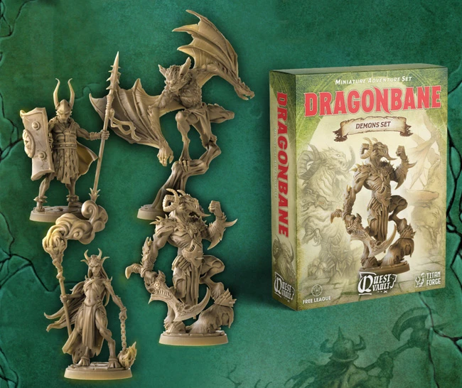 A collection of intricately designed miniatures from the Dragonbane RPG is displayed against a textured green background. The set includes a variety of characters, such as a knight with a spear, a dragon, and a sorcerer, all rendered in a beige color, showcasing their detailed features. To the right, a box labeled 