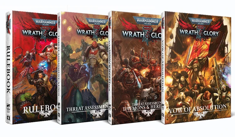 Four tabletop roleplaying game books are displayed, all part of the Warhammer 40,000 Roleplay: Wrath & Glory series. From left to right, the covers feature vibrant artwork: the first book is titled