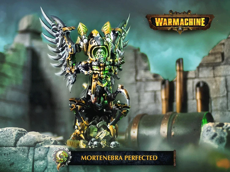 A detailed model of Mortenebra, a Cryx warcaster, stands prominently in the image, showcasing her intricate design. She is adorned with a mix of dark metallic armor and vibrant green accents, with large, menacing wings extending from her back. The background features a blurred industrial setting, enhancing the steampunk aesthetic, while a banner at the bottom reads