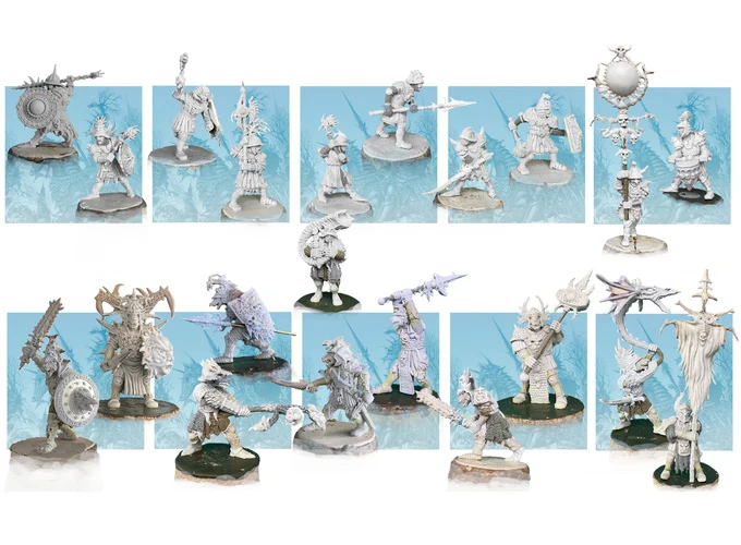 A collection of detailed miniature figures inspired by Ian Miller's illustrations, showcasing a variety of Chaos beastmen and their followers. The miniatures are presented in a range of dynamic poses, featuring intricate armor and weaponry, set against a light blue background. The assortment includes heavily armored knights, monstrous creatures, and anti-heroes, all sculpted in either 28 or 32mm scales.