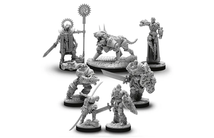 A collection of detailed miniatures features various mechanical and armored figures, including a central character wielding a sword and a staff, flanked by a robotic dog and several warriors in intricate armor. The miniatures are designed with a steampunk aesthetic, showcasing gears and mechanical elements, all rendered in a gray, unpainted finish. The scene is set on a textured base that adds depth to the display, emphasizing the fantasy theme suitable for tabletop gaming.
