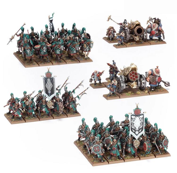 A detailed display of a Grand Cathay army features a variety of miniatures, including 30 Jade Warriors in ornate armor, equipped with hand weapons and shields or halberds, arranged in multiple units. The scene also showcases 10 Jade Lancer cavalry, two Cathayan Grand Cannons, and accompanying artillery crews, all set against a grassy base. Prominent banners and intricate details on the miniatures highlight the rich aesthetic of this new army.