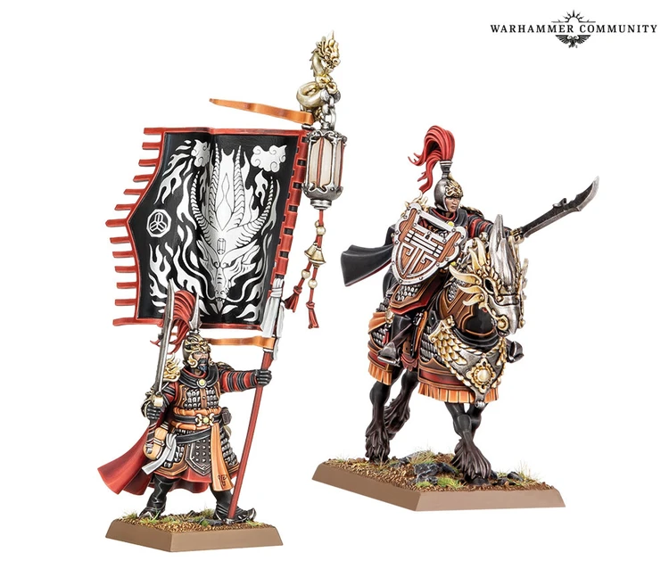 A detailed depiction features two Grand Cathay miniatures: on the left, a Gate Master holding a flag adorned with intricate designs, and on the right, a mounted warrior equipped with ornate armor and a lance, riding a horse with decorative elements. The figures are set against a neutral background, showcasing their vibrant colors and intricate details, including the Gate Master's flowing robes and the warrior's elaborate armor. Both miniatures highlight the rich aesthetic of the Grand Cathay army.