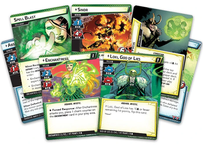 A collection of Marvel Champions: The Card Game cards features various characters and abilities. Prominent cards include Enchantress, depicted in a flowing green gown, and Loki, God of Lies, illustrated with a horned helmet and a mischievous expression. Other cards showcase minions like Absorbing Man and Sindr, along with effects such as