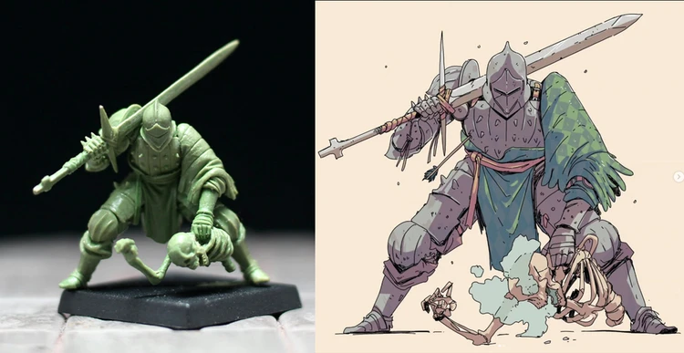 A green resin miniature of a cloaked figure crouches on a black base, showcasing intricate details in its design. Beside it, an illustration depicts a large armored knight wielding a spear, adorned with a flowing green cape, and standing over a defeated foe. The contrasting styles highlight the unique characters from Westfalia Publishing's new Kickstarter campaign,