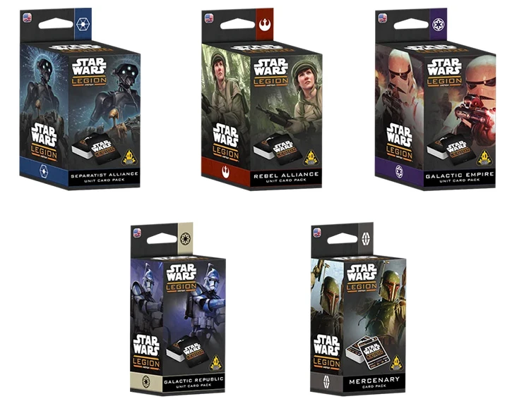 Five distinct card packs for Star Wars: Legion are displayed, each featuring unique artwork and color schemes. The packs include the