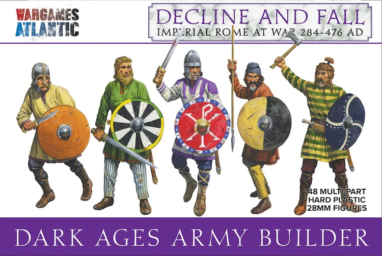 A group of four Dark Age warriors is depicted, each holding various weapons and shields. The figures are dressed in colorful tunics, with one wearing a green tunic and another in purple, showcasing a mix of styles and armor. The background features the title
