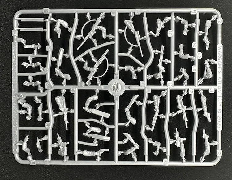 A plastic sprue featuring various components for miniature figures, including torsos, limbs, and heads, designed for 28mm scale modern civilians and post-apocalyptic survivors. The sprue showcases a variety of poses and accessories, including weapons, allowing for customization of the miniatures. The pieces are molded in a light gray plastic and are arranged in a grid pattern on a black background.