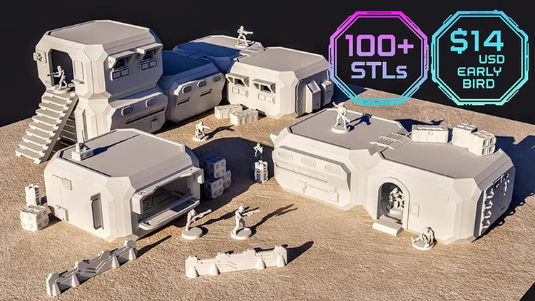 A collection of modular sci-fi terrain pieces is displayed, featuring several white structures with angular designs, crates, and miniature figures posed in action. The terrain includes various buildings that suggest a futuristic outpost, set against a sandy surface. Prominent text highlights