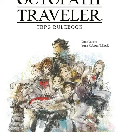 The cover of the "Octopath Traveler TRPG Rulebook" features a colorful illustration of eight characters from the game, each with distinct appearances and poses, gathered together in a dynamic composition. Prominent in the center is a character with dark hair, flanked by a mix of heroes and a large wolf, all set against a soft, watercolor-like background. The title "OCTOPATH TRAVELER" is displayed at the top, with "TRPG RULEBOOK" beneath it, and the game designer's credit is noted at the bottom.