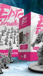 Two boxes of "Epic Encounters" from Steamforged Games are prominently displayed against a blue background. The left box, titled "Sanctuary of the Steelborn," features a variety of detailed miniatures, including humanoid figures and mechanical constructs. The right box, labeled "Realm of the Titan," showcases a large, intricately designed mechanical monster on a circular base, emphasizing the adventure's epic scale.