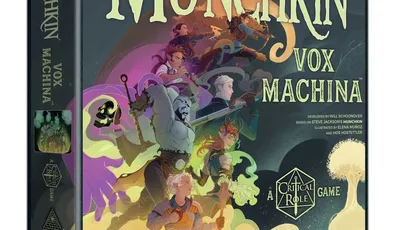 Box for the card game "Munchkin Vox Machina" by Steve Jackson Games. The cover art depicts a group of seven fantasy characters standing on a cloud, holding weapons and items, with colorful magical effects and a skull floating nearby. The title "MUNCHKIN" is prominently displayed in large yellow letters at the top, with "VOX MACHINA" in smaller white letters below. The bottom right corner features the Critical Role logo and the text "A Critical Role GAME". The bottom center reads "STEVE JACKSON GAMES". The left side of the box shows the Steve Jackson Games logo and the number "1552". The top right corner indicates "AGES 10+ 3-6 PLAYERS". The bottom left corner credits the developer, basis, and illustrators.