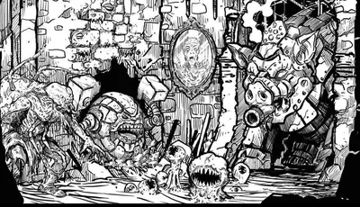 Black and white illustration of monsters in a ruined room, with text "ShadowDark RPG" and "Creatures Inspired by Classic Rock, Pop, Metal, & More!"