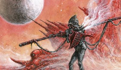 A humanoid figure in a dark, armored suit stands prominently against a fiery red and orange background, suggesting a hostile alien landscape. The figure wields a large, intricate weapon, with cables extending from its body, and has a helmet that features a menacing design. In the background, shadowy shapes of spacecraft and structures can be seen, adding to the otherworldly atmosphere.