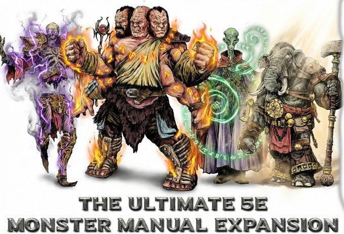 A diverse group of fantastical creatures stands prominently in the image, showcasing a variety of designs and features. On the left, a skeletal figure crackles with purple energy, while a large, muscular creature with three heads and fiery hands occupies the center. To the right, a green-skinned figure with swirling magical effects and an elephant-headed character wielding a large hammer complete the ensemble, all set against a light background with the text 