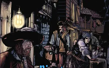 Dark alley at night with cobblestone street. Four characters: pirate with wide-brimmed hat and beard, pirate with tricorn hat, woman in lace dress with bonnet, and another woman in cloak. Lanterns illuminate the scene. Text reads: "Pirate Adventures."