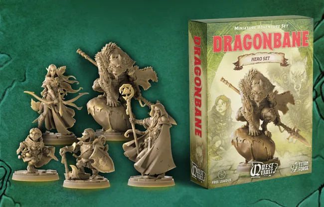A collection of five detailed RPG miniatures from the Dragonbane Hero Set, featuring a variety of characters including a lion-headed figure, a cloaked wizard, and a female archer, all posed dynamically. The miniatures are displayed in front of a box labeled 