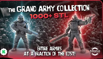 A striking promotional image showcases two detailed sci-fi miniatures from RedMakers' "The Grand Army Collection." On the left, a soldier in tactical gear holds a large firearm, while on the right, another figure wields a sword and sports a menacing helmet. In the background, a multitude of additional miniatures is visible, emphasizing the extensive range of over 1000 STL files available for wargamers and collectors. Bold text at the bottom highlights "ENTIRE ARMIES AT A FRACTION OF THE COST!"